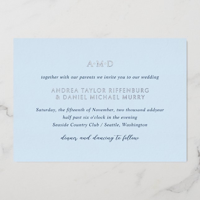 Invitation En Aluminium Andrea Sky Blue Mariage élégant (Recto)