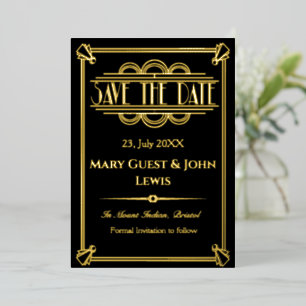 Invitation En Aluminium Années folles Noir et Or Art Déco Save the Date