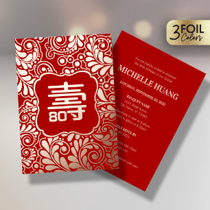 Invitation En Aluminium Anniversaire de la longévité chinoise rouge or (Sh