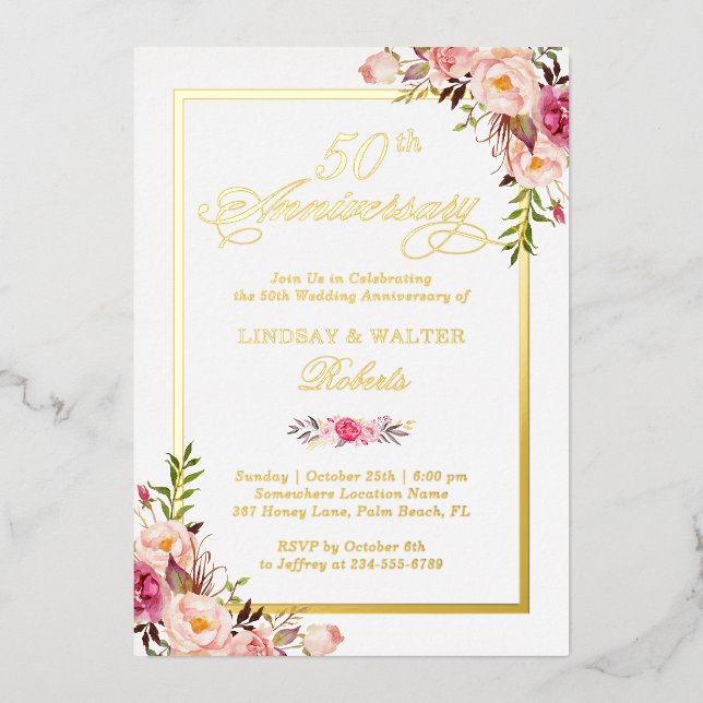 Invitation En Aluminium Anniversaire de Mariage Élégant Fleurs Roses Fines (Recto)