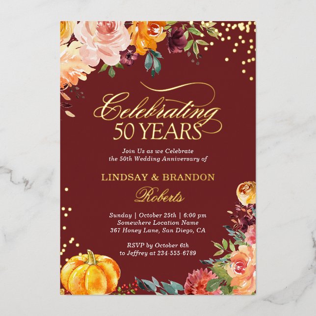 Invitation En Aluminium Anniversaire de Mariage Photo Automne Bourgogne Or (Recto)