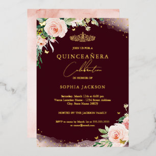 Invitation En Aluminium Anniversaire de Quinceanera florale rose rousse bo