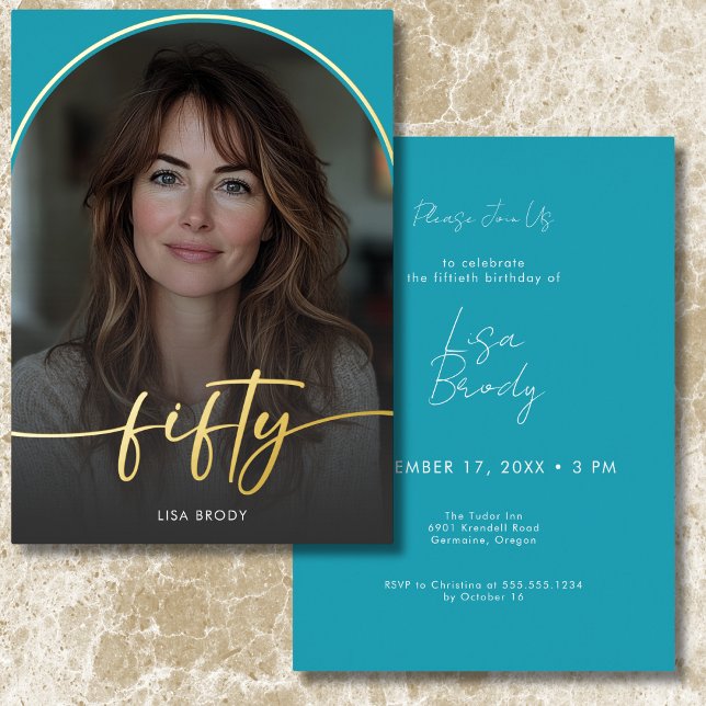 Invitation En Aluminium Anniversaire des Cinquante Ans avec Arche Turquois (Modern Minimal Turquoise Arch Fiftieth Birthday Foil Invitation)