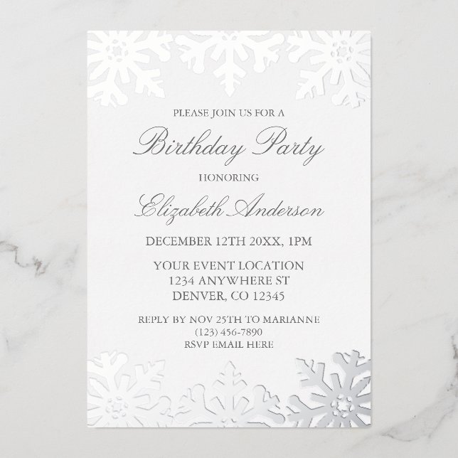 Invitation En Aluminium Anniversaire d'hiver Flocon de neige argenté (Recto)