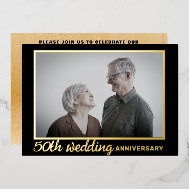 Invitation En Aluminium Anniversaire du 50e Mariage moderne Black & Gold (Recto/Verso)