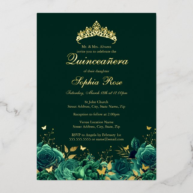 Invitation En Aluminium Anniversaire Emerald Floral Butterfly Quinceanera (Recto)