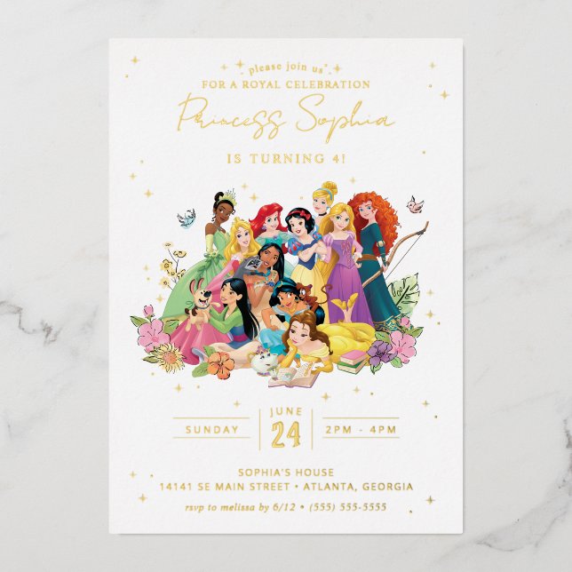 Invitation En Aluminium Anniversaire Floral Disney Princess Gold (Recto)