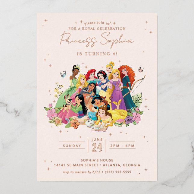 Invitation En Aluminium Anniversaire Floral Disney Princess Gold (Recto)