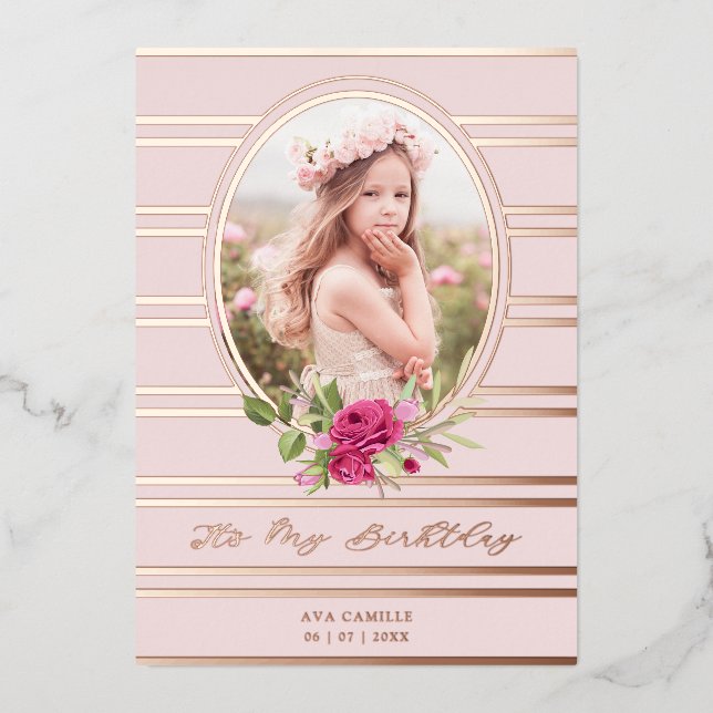 Invitation En Aluminium Anniversaire Luxueux rose Floral Garland Photo (Recto)