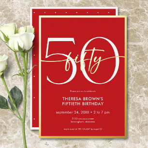 Invitation En Aluminium Anniversaire Moderne Minimal Rouge Cinquante Écrit