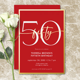 Invitation En Aluminium Anniversaire Moderne Minimal Rouge Cinquante Écrit