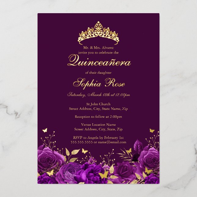 Invitation En Aluminium Anniversaire Papillon floral pourpre Tiara Quincea (Recto)