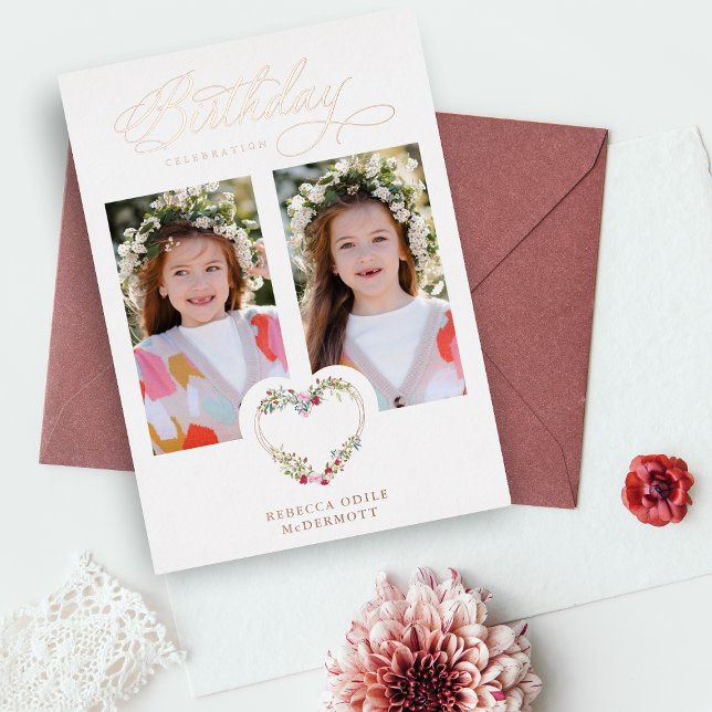 Invitation En Aluminium Anniversaire Real Rose Gold 2 Photos Floral Heart (Créateur téléchargé)