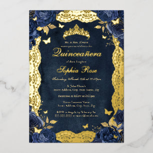 Invitation En Aluminium Anniversaire Rose dentelle papillon or Marine Quin