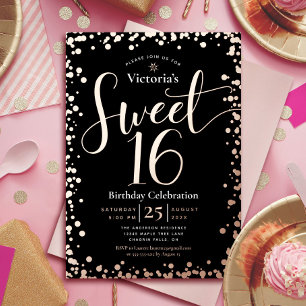 Invitation En Aluminium Anniversaire Sweet 16 Moderne Glamour Noir Or Rose