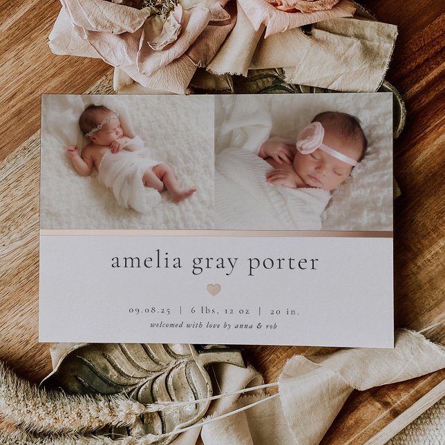 Invitation En Aluminium Annonce de naissance | Deux photos avec feuille d' (Créateur téléchargé)