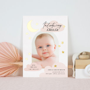 Invitation En Aluminium Annonce de naissance Photo Arc Étoiles Lune Rose