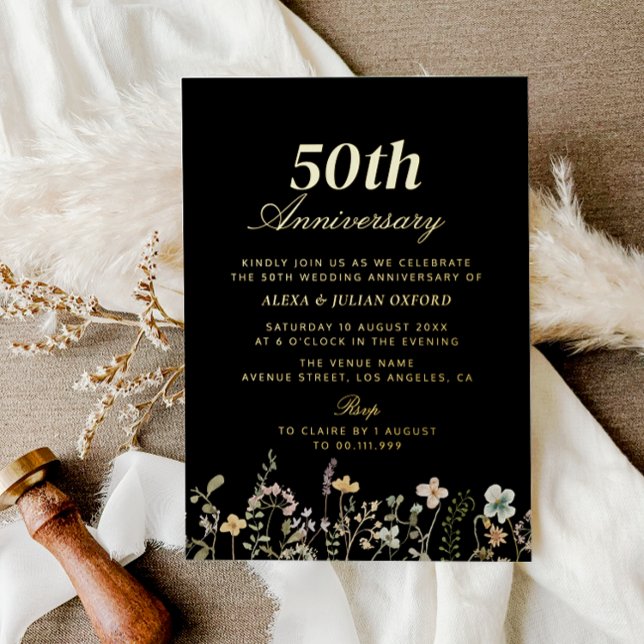 Invitation En Aluminium Annversaire de Mariage noir Fleur sauvage d'aquare (Créateur téléchargé)