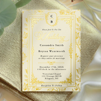 Invitation En Aluminium Antique Floral Monogram Crest Gold Frame Wedding