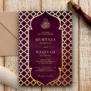 Invitation En Aluminium Antique Frame Plum violet Mariage musulman Or
