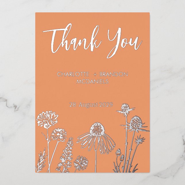 Invitation En Aluminium Apricot Fleur sauvage Merci Mariage Or (Recto)