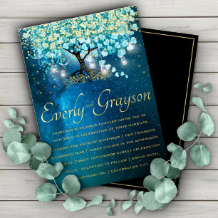 Invitation En Aluminium Aqua Blue Heart Leaf Tree Gold Mariage