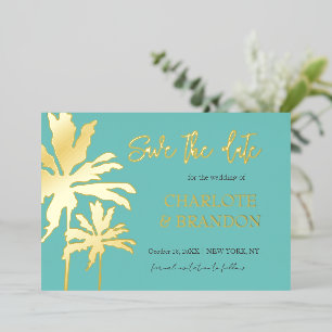 Invitation En Aluminium Aqua Palm Trees Beach Wedding Save The Date Gold
