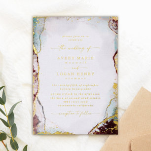 Invitation En Aluminium Aquarelle Abstraite Aqua Rouge Mariage Or Réel