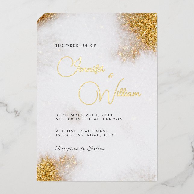 Invitation En Aluminium Aquarelle Abstraite Paillettes Dorées Luxe Élégant (Recto)
