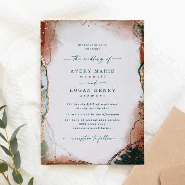 Invitation En Aluminium Aquarelle Abstraite Turquoise Mariage réel Rose or (Créateur téléchargé)