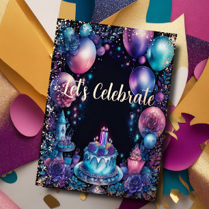 Invitation En Aluminium Aquarelle Anniversaire Bleu Nuit Violet Turquoise