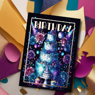 Invitation En Aluminium Aquarelle Anniversaire Bleu Nuit Violet Turquoise