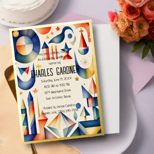 Invitation En Aluminium Aquarelle Anniversaire Coloré Abstrait Cubiste