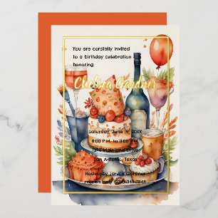 Invitation En Aluminium Aquarelle Anniversaire Vin Gâteau Nourriture