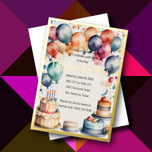 Invitation En Aluminium Aquarelle Ballons d'anniversaire gâteau coloré