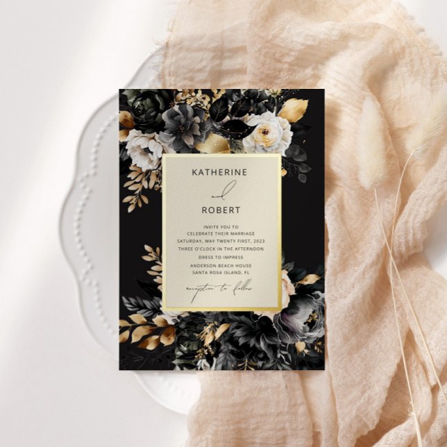 Invitation En Aluminium Aquarelle Black Gold Floral Mariage (Créateur téléchargé)