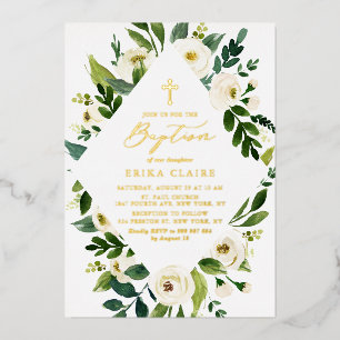 Invitation En Aluminium Aquarelle blanche Feuilles floraux Cadre Baptême