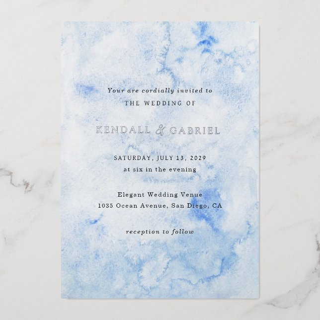 Invitation En Aluminium Aquarelle bleu Kendall Mariage élégant (Recto)