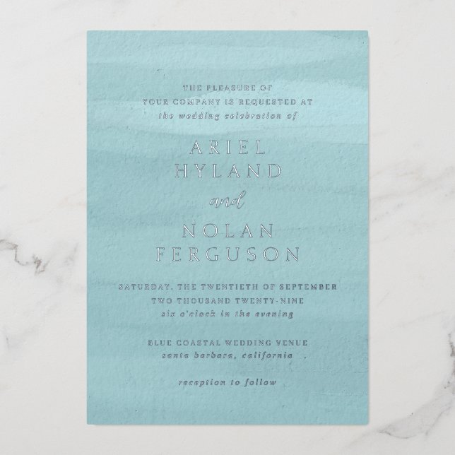 Invitation En Aluminium Aquarelle bleu moderne Mariage élégant (Recto)