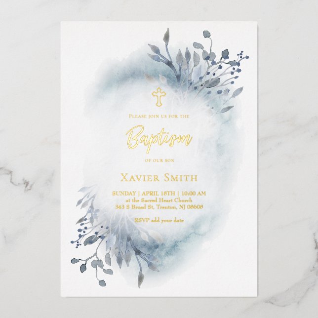 Invitation En Aluminium aquarelle bleu poussiéreux feuillage Baptême (Recto)