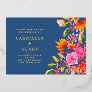 Invitation En Aluminium Aquarelle bleu rose orange Mariage Floral Or