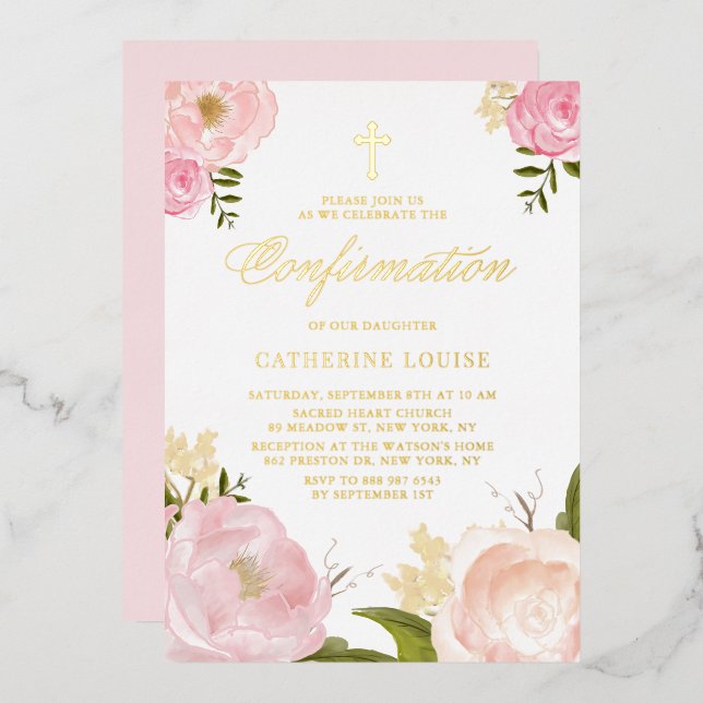 Invitation En Aluminium Aquarelle bleu rose pivoine Confirmation florale (Recto/Verso)