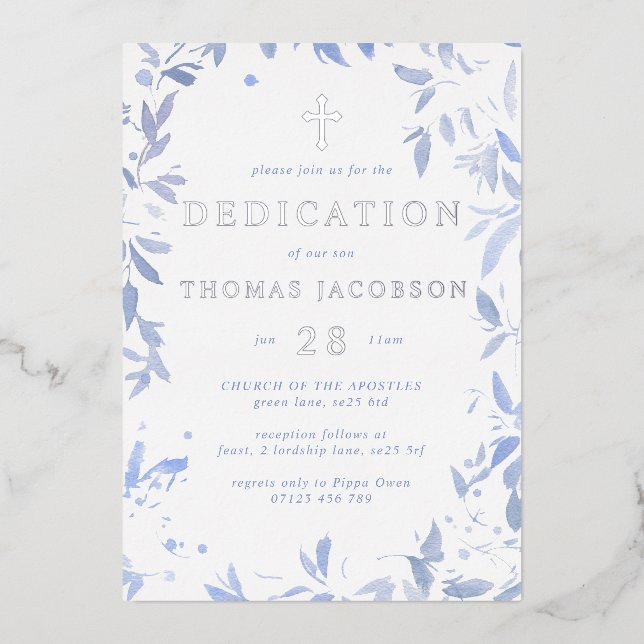 Invitation En Aluminium Aquarelle bleue Feuilles Dédication bébé & Baptême (Recto)