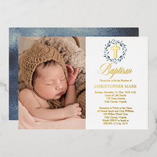 Invitation En Aluminium Aquarelle bleue Feuilles Wreath Boy Photo Baptême