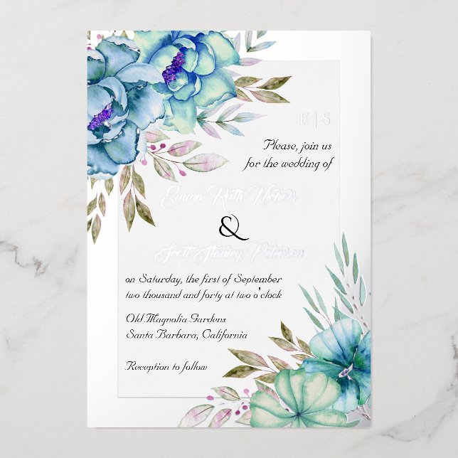 Invitation En Aluminium Aquarelle bleue fleurs florales mariage argent (Recto)