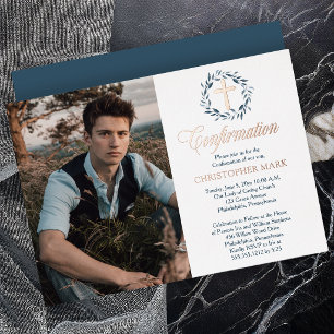 Invitation En Aluminium Aquarelle bleue Wreath Boy Photo Confirmation