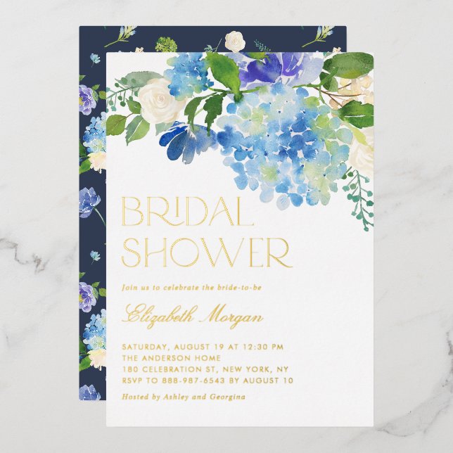 Invitation En Aluminium Aquarelle Blue Hydrangea Fête des mariées florale (Recto/Verso)