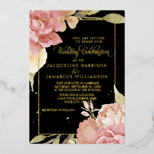 Invitation En Aluminium Aquarelle Boho Fleurs noir n rose Mariage or