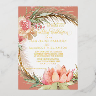 Invitation En Aluminium Aquarelle Boho Floral Dusty Pampas Rose Or