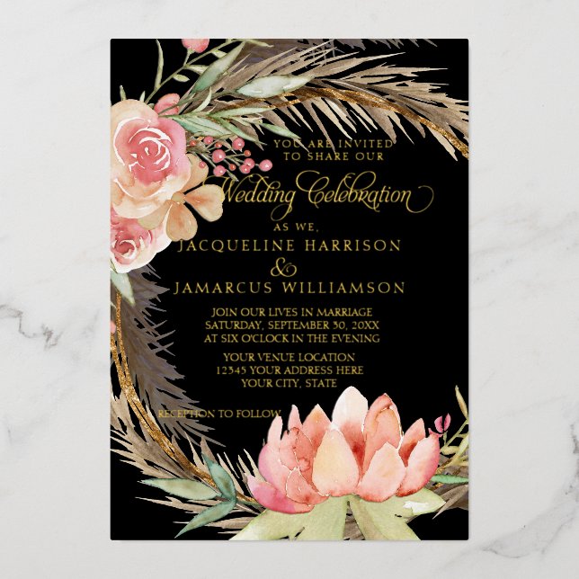 Invitation En Aluminium Aquarelle Boho Floral Rose Pampas Or (Recto)